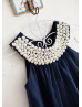 Navy Blue Chiffon Pearls Embellished Slit Back Short Flower Girl Dress Navy Blue Chiffon Pearls Embellished Slit Back Short Flower Girl Dress